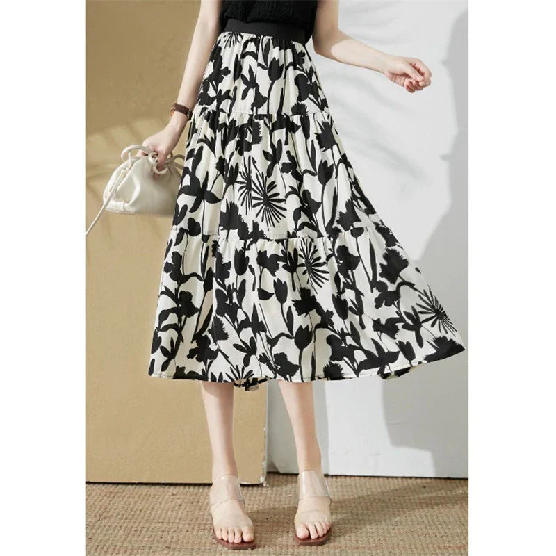 Falda Ligera Estampada Floral con Cintura Alta - Vestiria