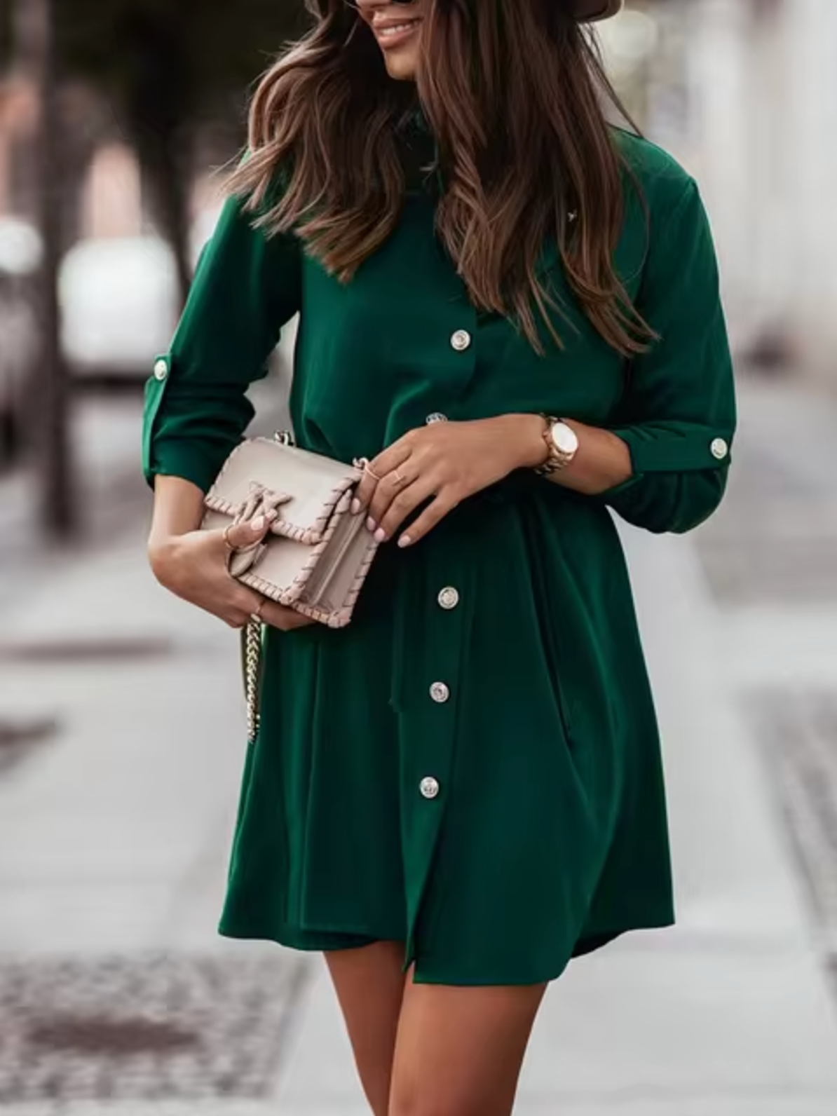 Vestido Elegante Manga Larga Botones - Vestiria