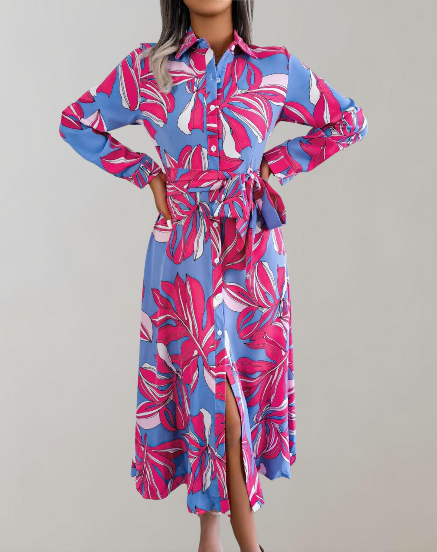 Vestido Mujer Elegante Cinturón Manga Larga