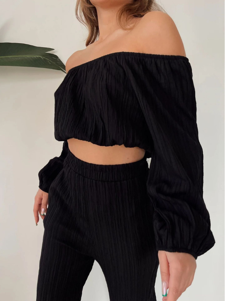 Conjunto Mujer Crop Top y Pantalón Ancho Elegante