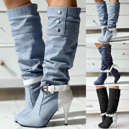 Botas Altas Patchwork Botones Decorativos Originales - Vestiria