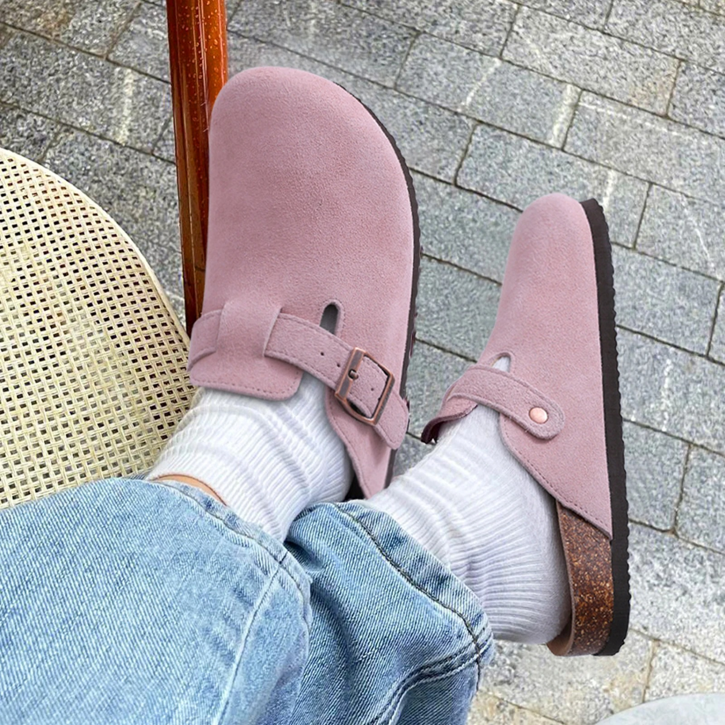 Sandalias ante rosa con tacón bajo cómodo - Vestiria