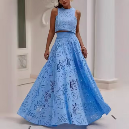 Vestido Lino Corto con Falda Larga - Vestiria