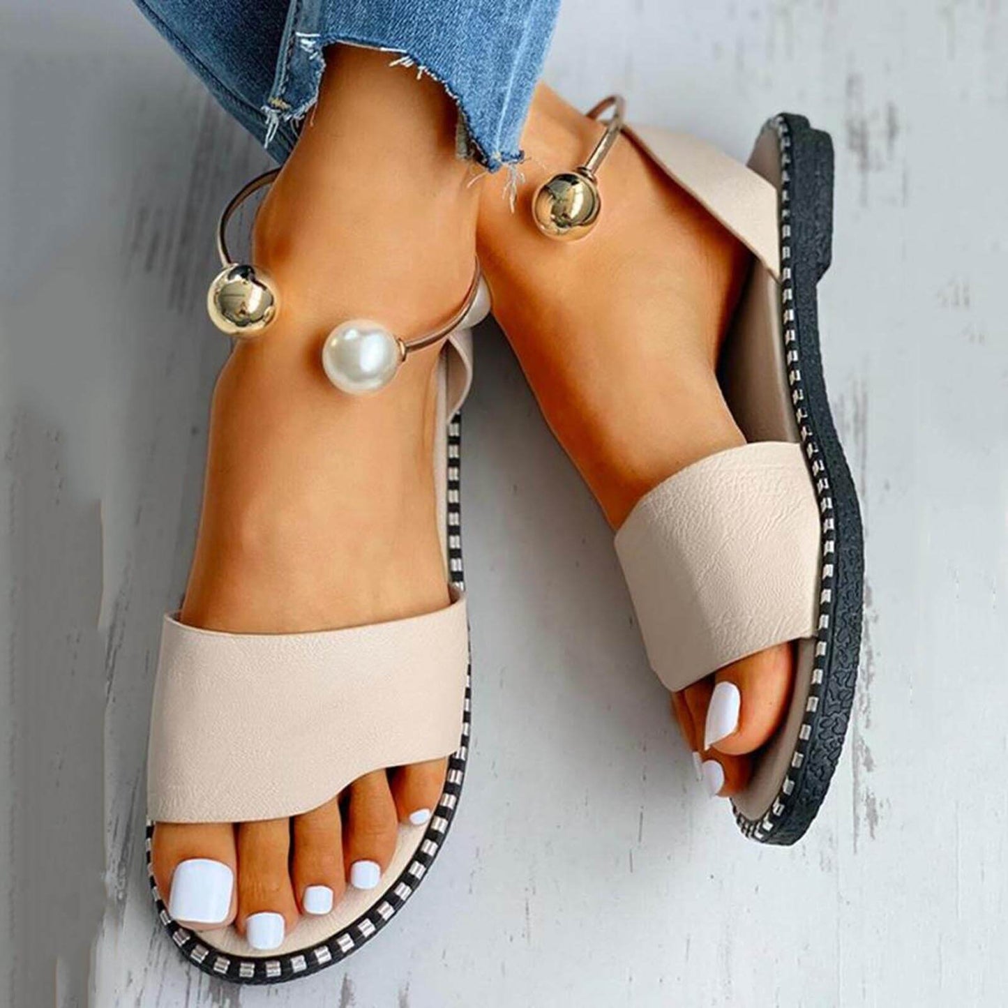 Sandalias Cuero Decoradas Perlas Elegantes