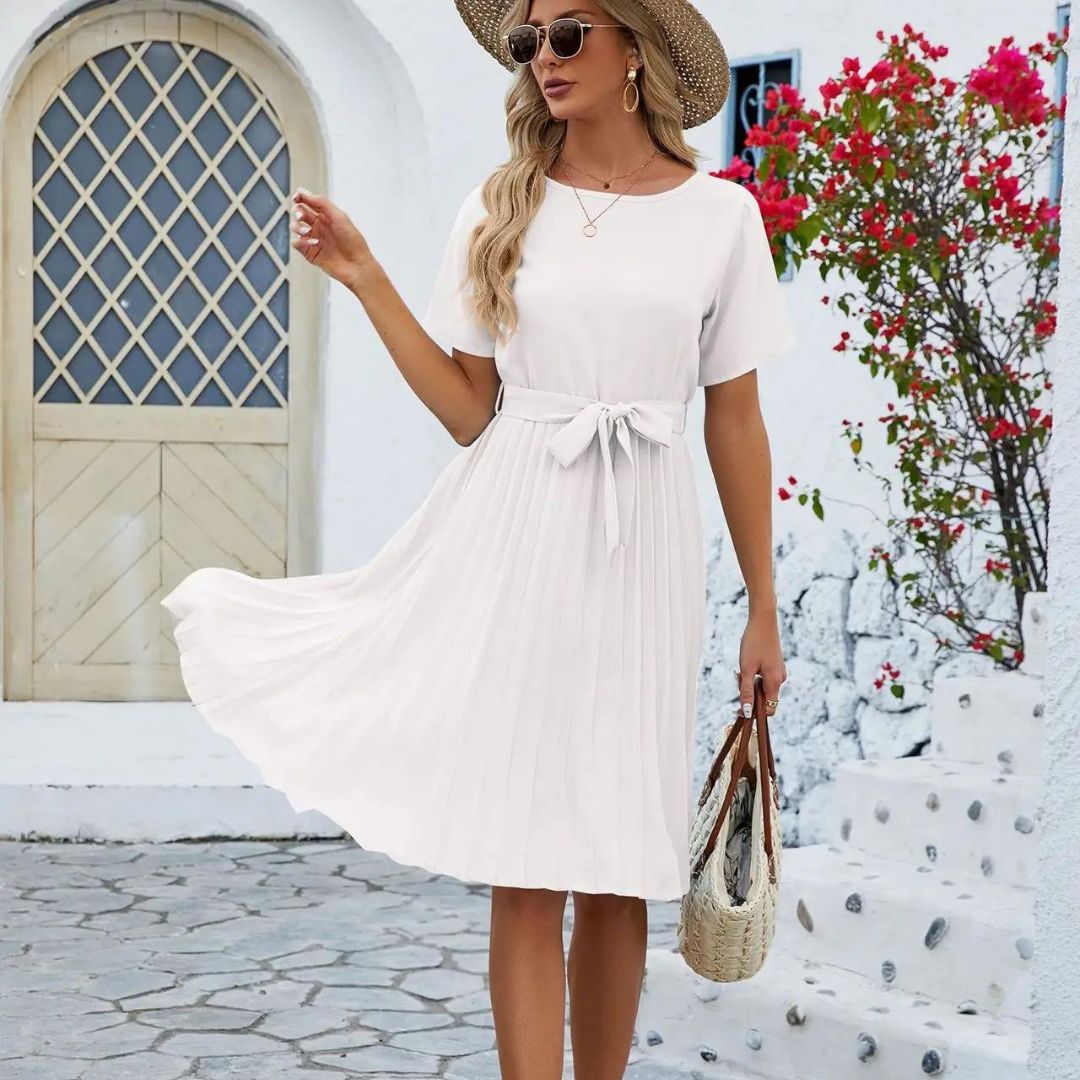 Vestido Midi Elegante Plisado con Cinturón Floral