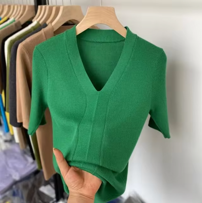 Camisa de punto cuello en V suave - Vestiria