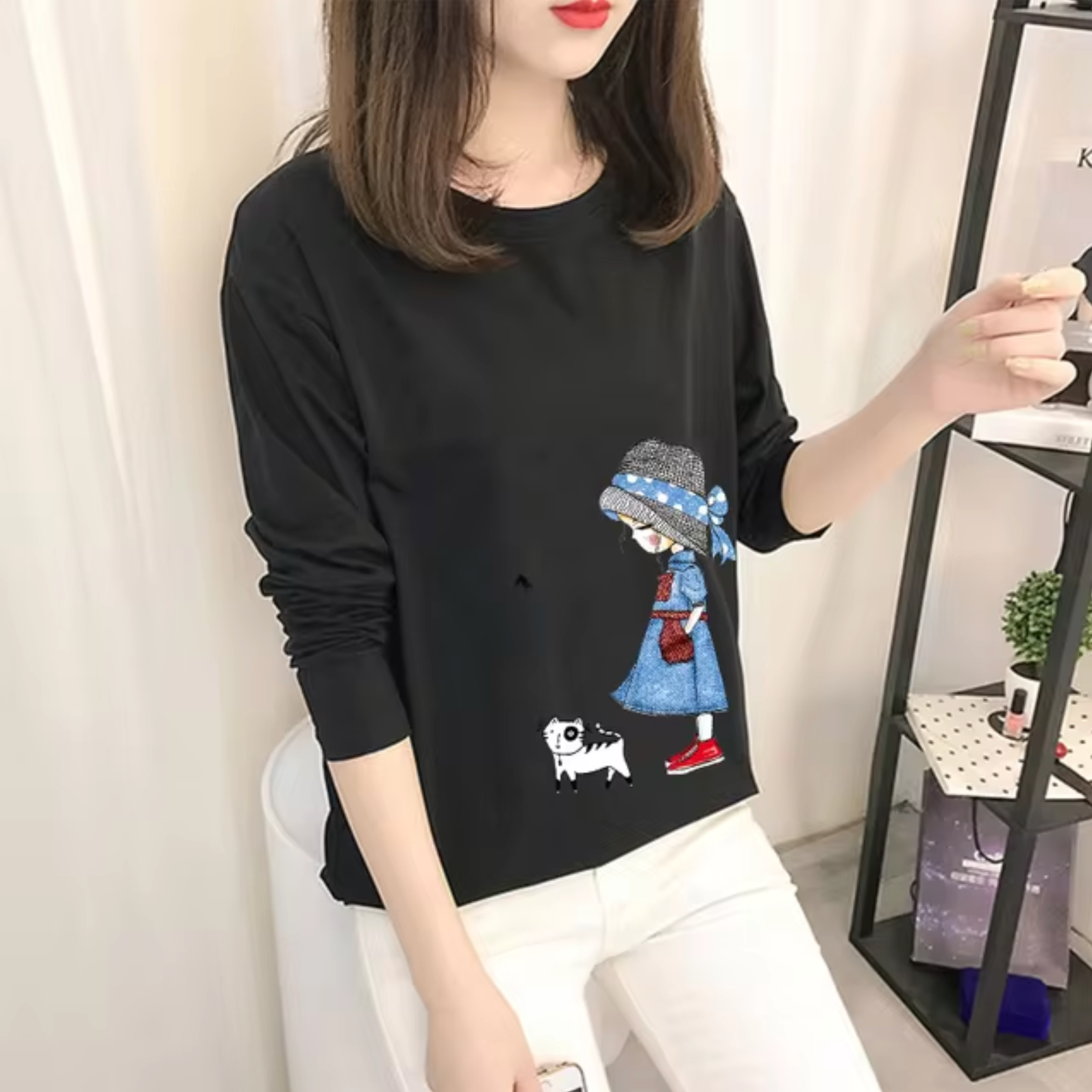 Camisa Negra Algodón Manga Larga Femenina - Vestiria