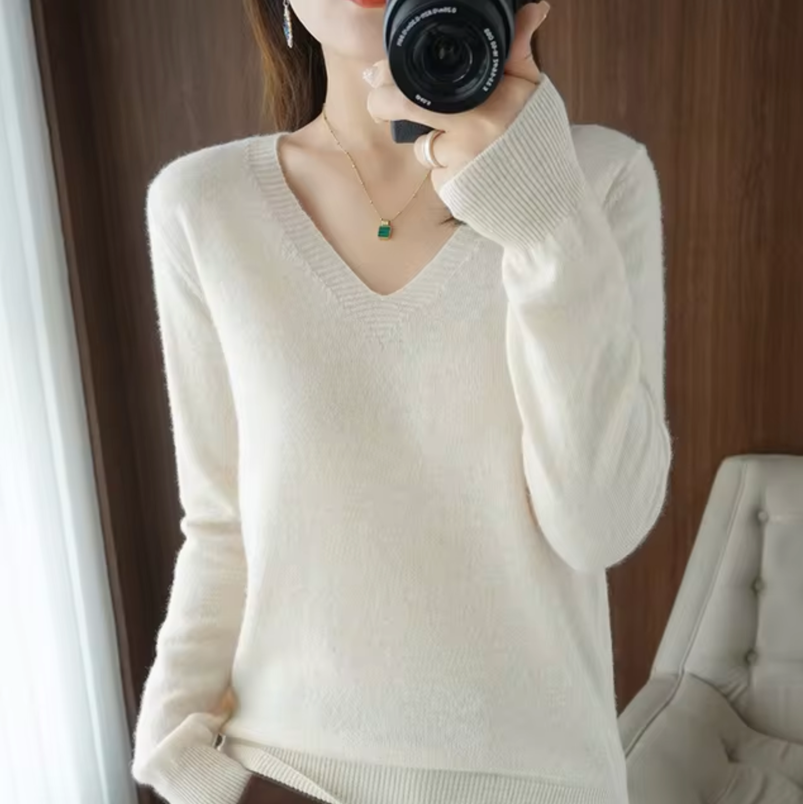 Sudadera de punto cuello en V cómoda - Vestiria