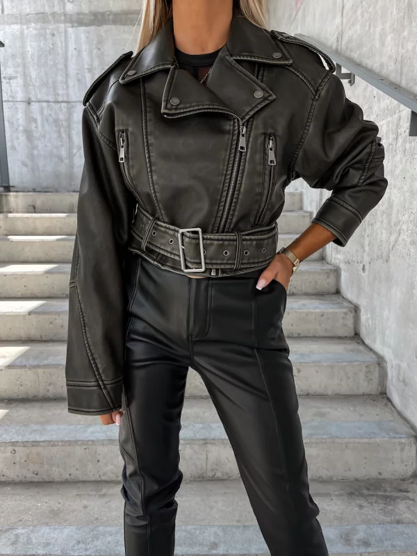 Chaqueta Cuero Mujer Estilo Rockero Cinturón - Vestiria