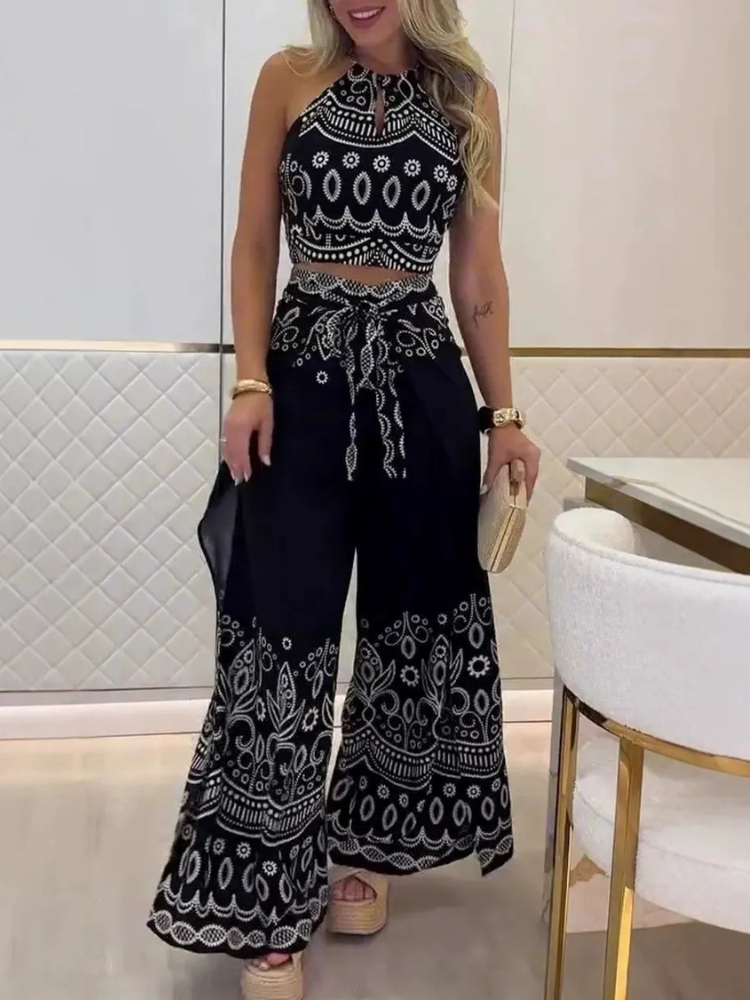 Conjunto de verano sin espalda con estampado floral y pantalones amplios - Vestiria