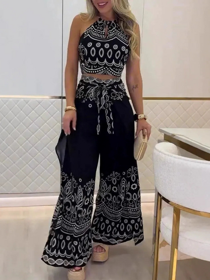 Conjunto de verano sin espalda con estampado floral y pantalones amplios - Vestiria