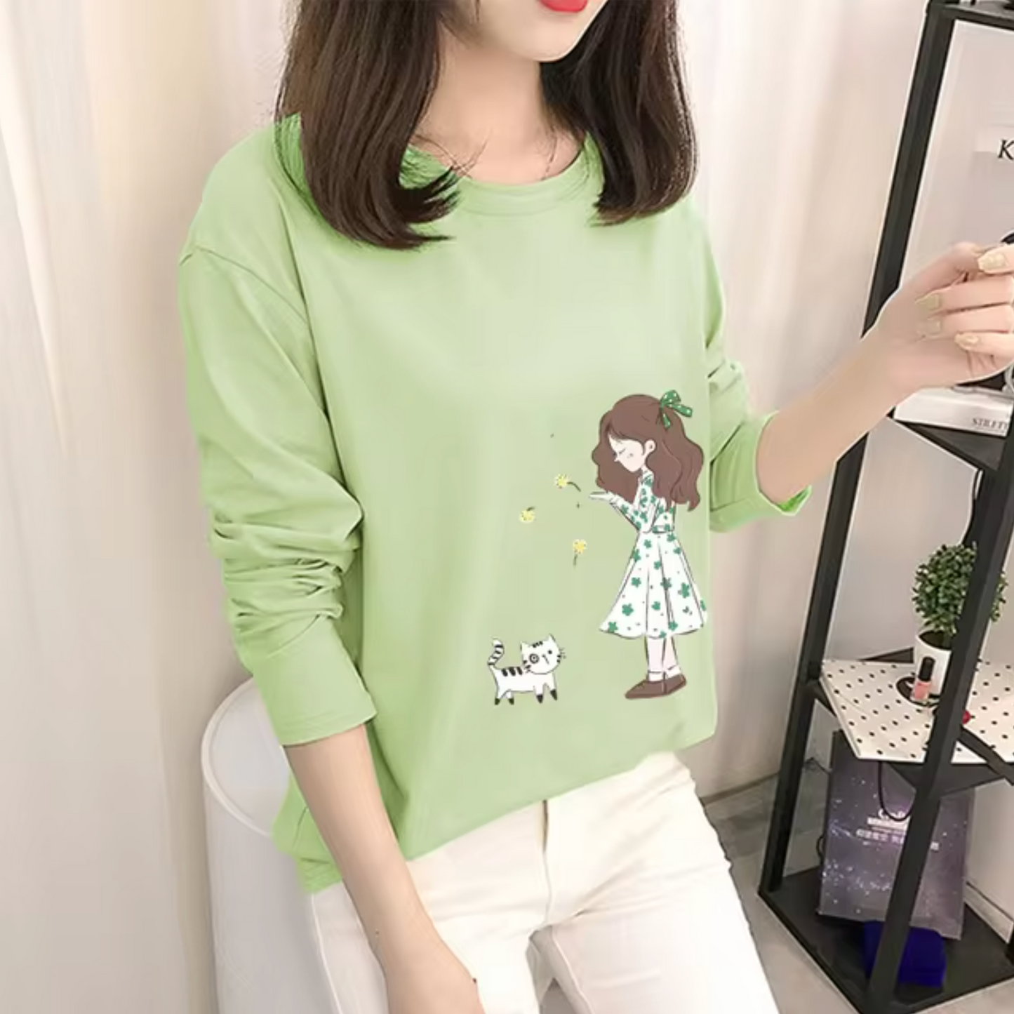 Camisa Algodón Estampado Verde Cuello Alto - Vestiria