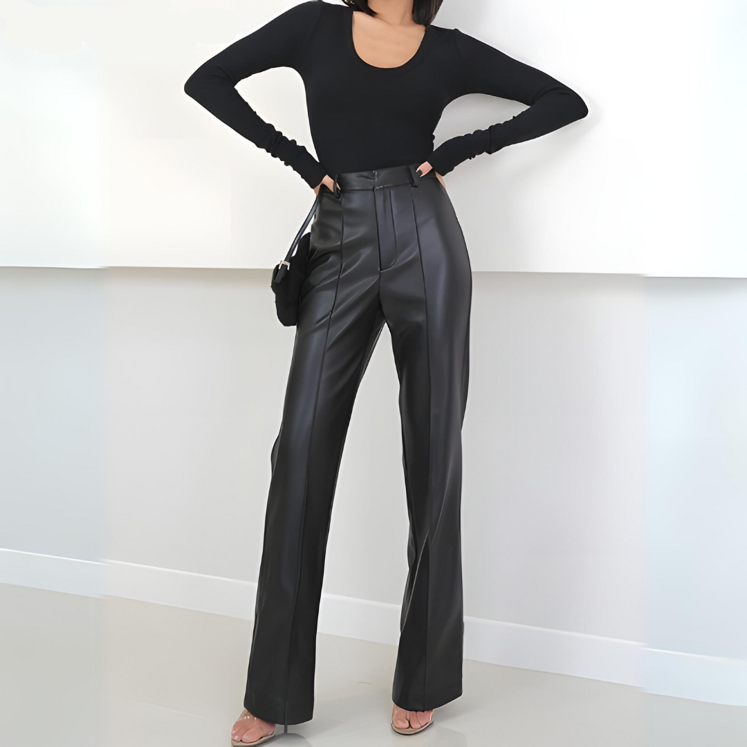 Pantalones Cuero Mujer Cintura Alta Elegantes - Vestiria