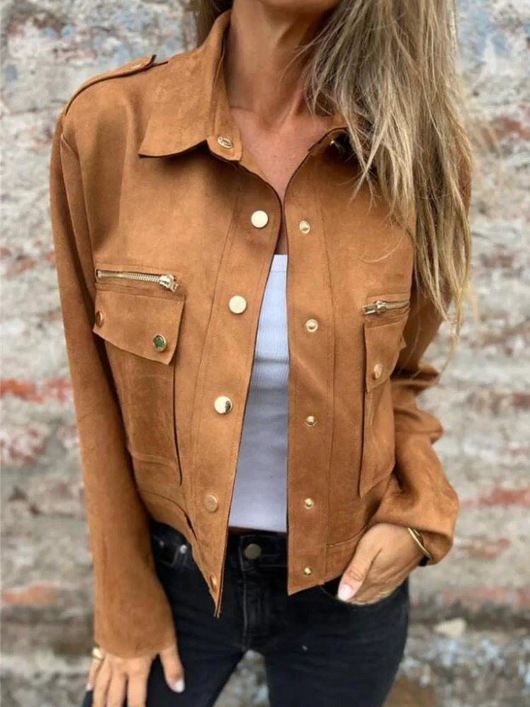Chaqueta Cuero Clásica Cremallera Bolsillos