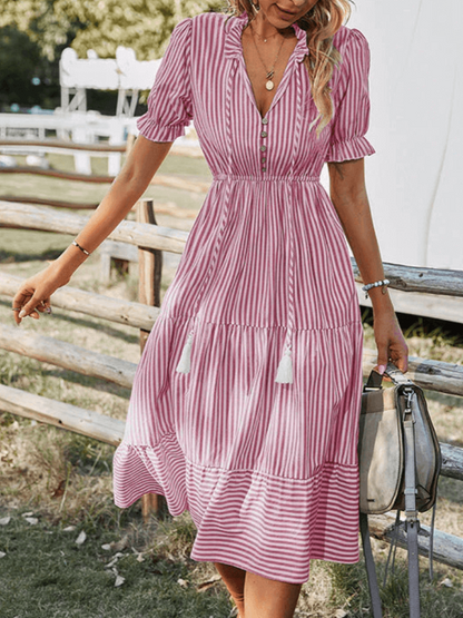Vestido Rayas Midi Casual Con Volantes