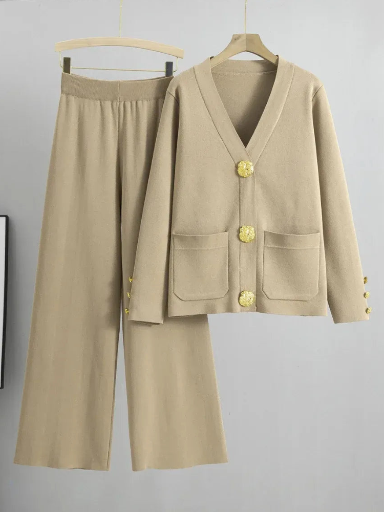 Conjunto de punto cuello V elegante mujer