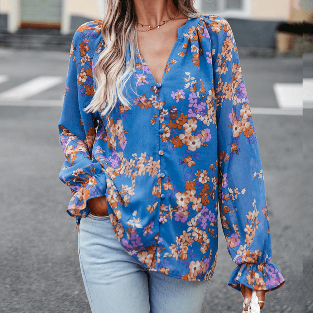 Blusa Florera Elegante Manga Larga Cuello en V - Vestiria
