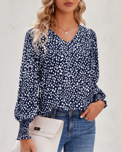 Blusa Estampada Mujer con Cuello Pico y Mangas Amplias