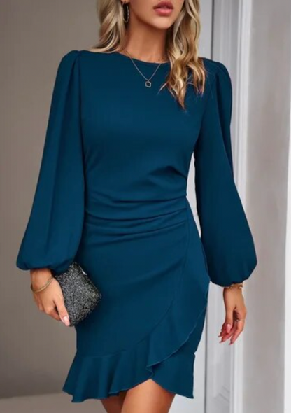 Vestido Abullonado Mujer Elegante Manga Larga