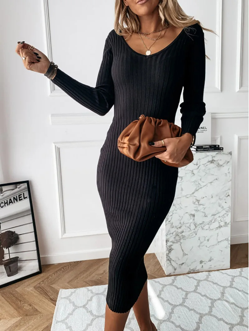 Vestido Punto Mujer Cuello V Manga Larga - Vestiria