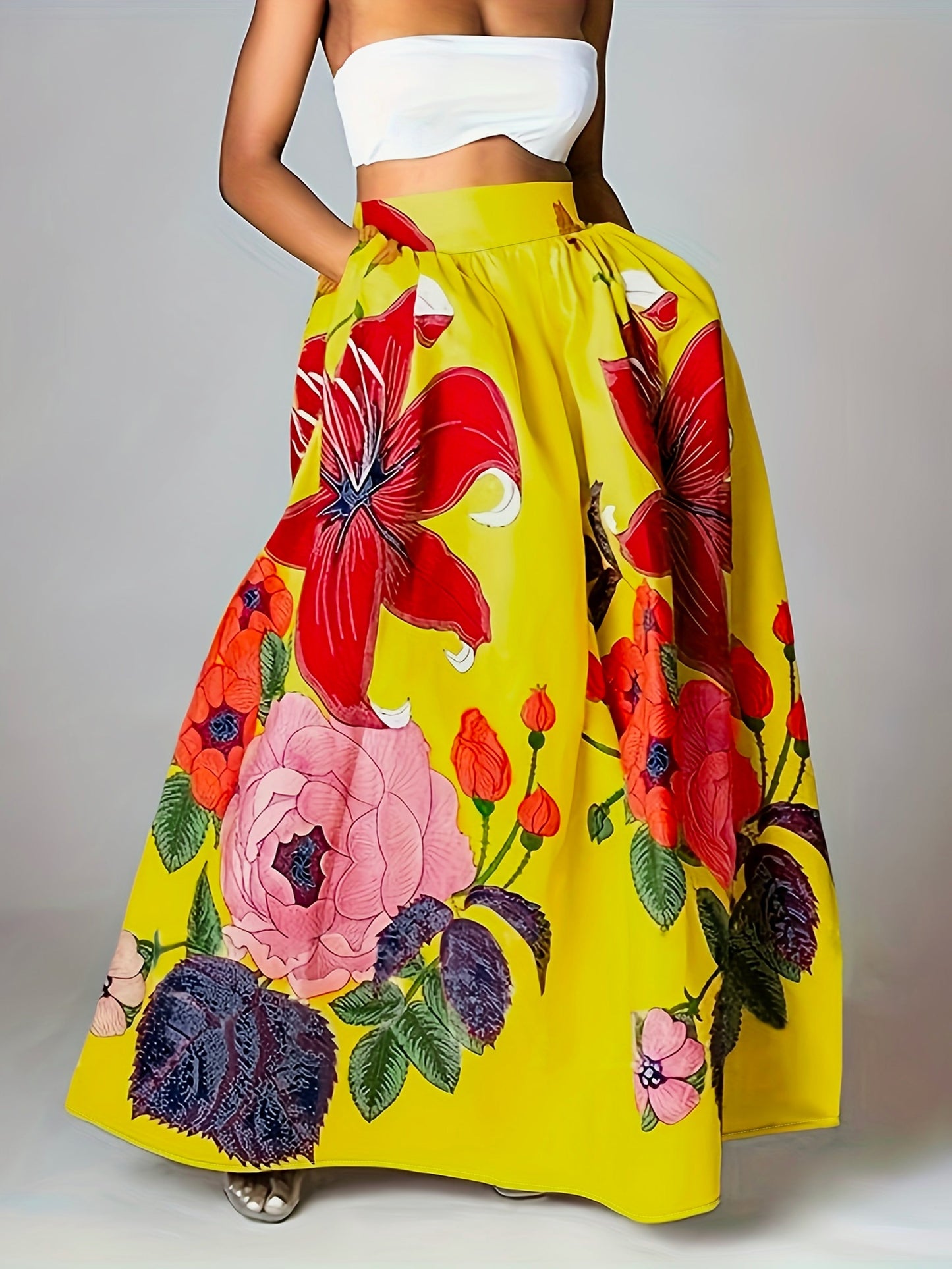 Falda Larga Floral con Cinturón para Mujer