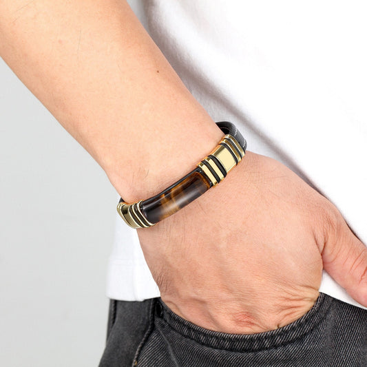 Pulsera Hombre Cuero Acero Inoxidable Moderna - Vestiria