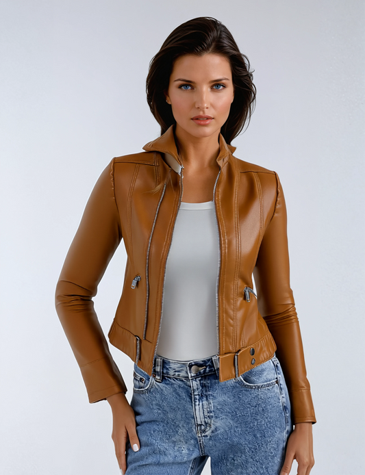 Chaquetón cuero sintético mujer estilo motero - Vestiria