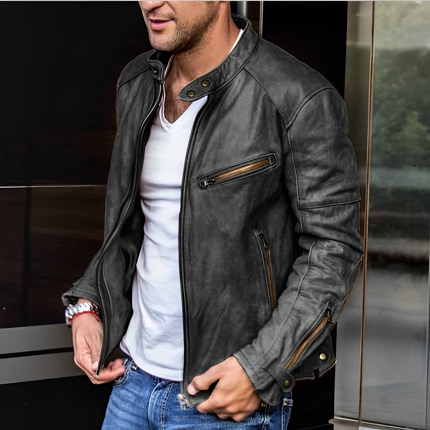 Chaqueta Cuero Hombre Bolsillos Cremallera