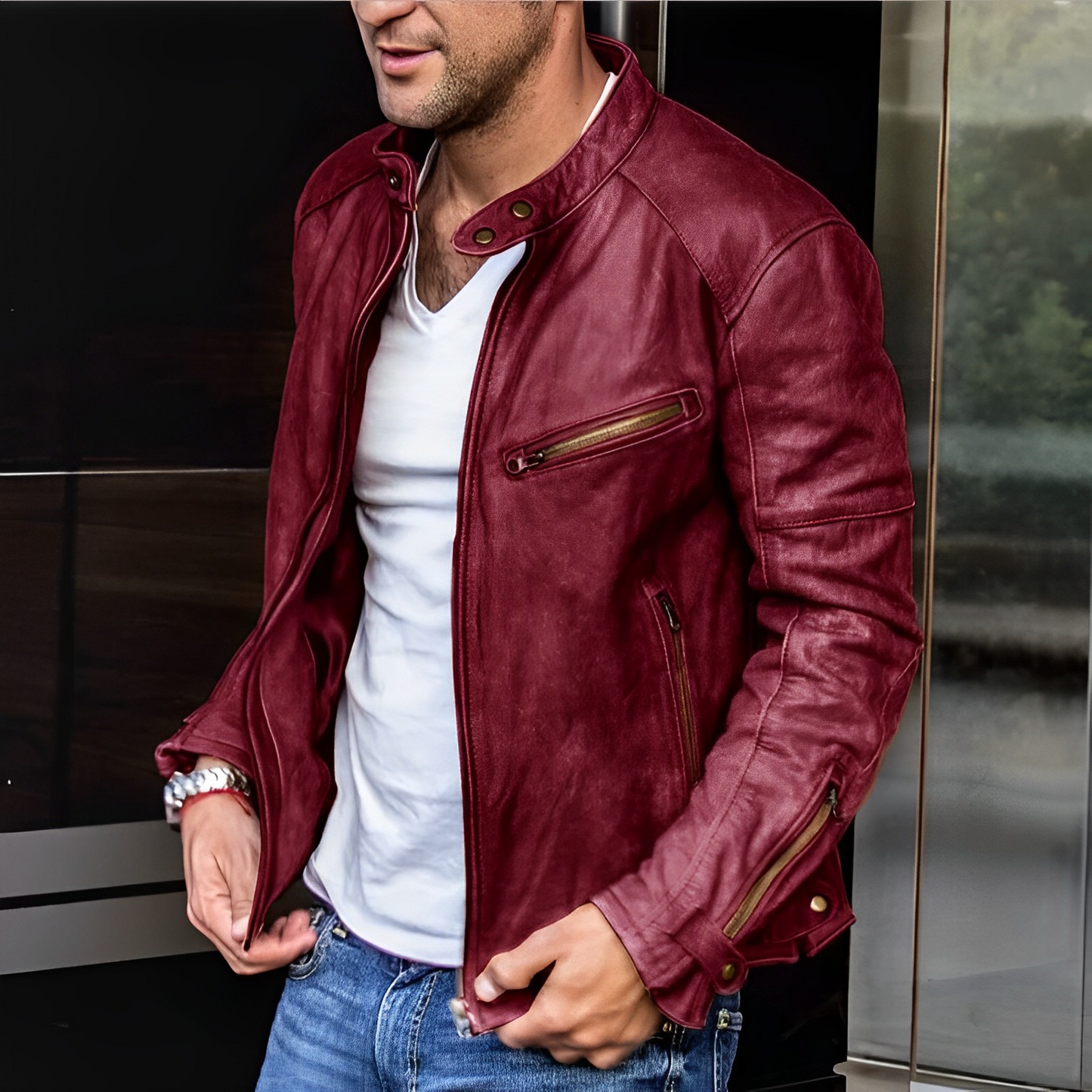 Chaqueta Cuero Hombre Bolsillos Cremallera - Vestiria