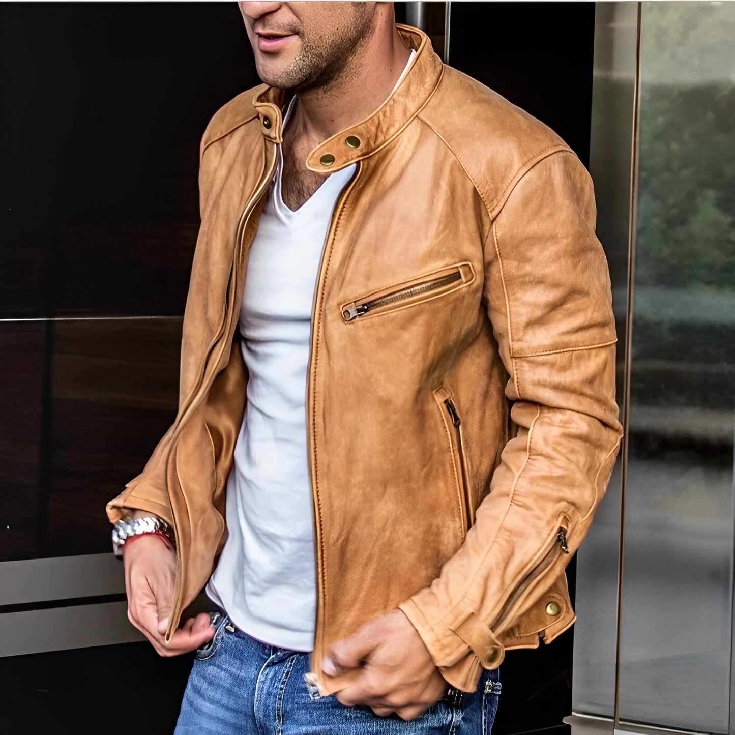 Chaqueta Cuero Hombre Bolsillos Cremallera