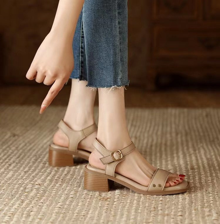 Sandalias Mujer Puntera Cuadrada Tacón Ancho Ajustable