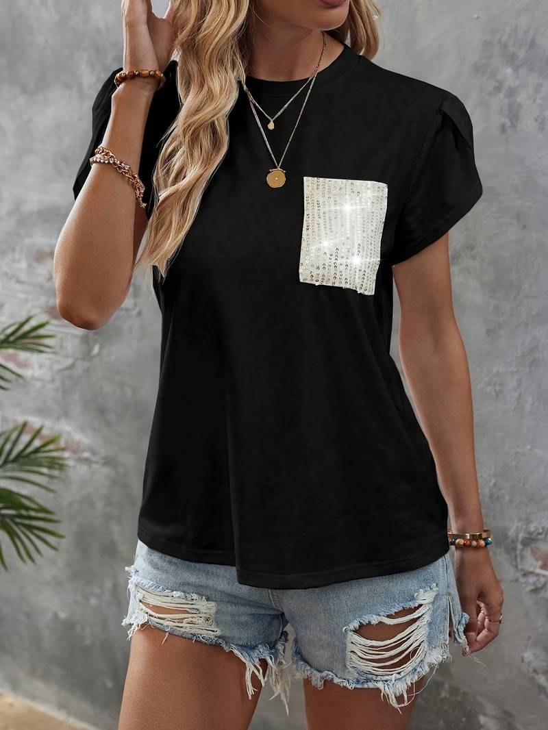 Blusa Fashion con Mangas Florales y Bolsillo Brillante