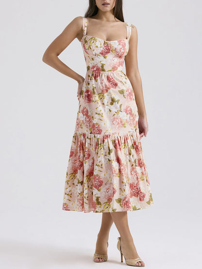 Vestido Floral Elegante con Tirantes Medio Largo