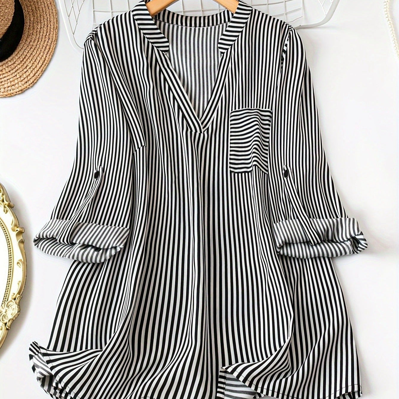 Blusa Mujer Rayas Elegante Manga Enrollada - Vestiria