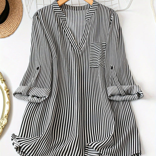 Blusa Mujer Rayas Elegante Manga Enrollada - Vestiria