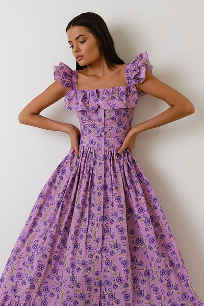 Vestido Mujer Floral Estampado Escote Cuadrado Elegante - Vestiria