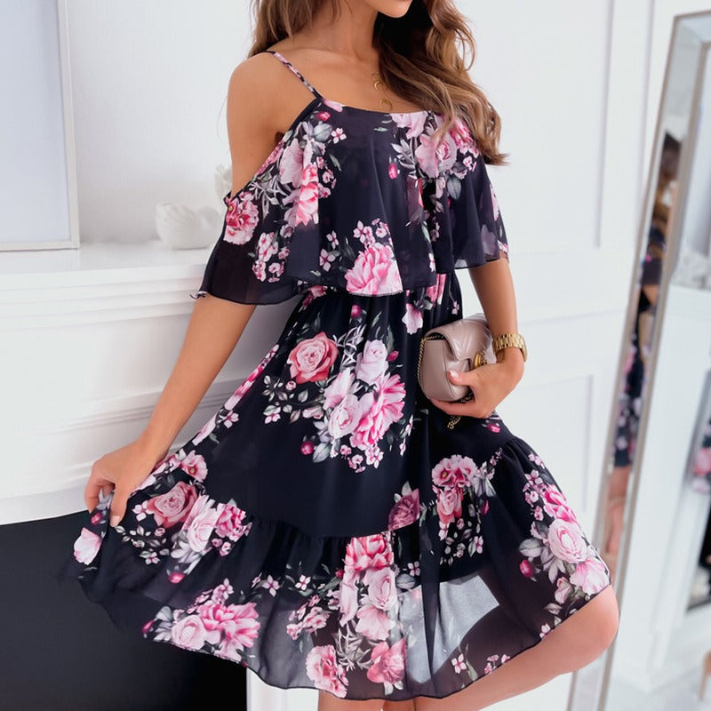 Vestido Mini Floreado con Volantes y Escote