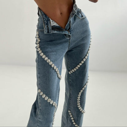 Pantalón vaquero mujer decorado joyas corte clásico