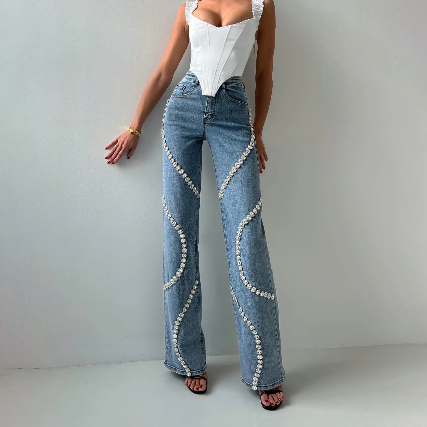 Pantalón vaquero mujer decorado joyas corte clásico - Vestiria
