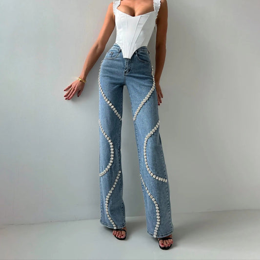 Pantalón vaquero mujer decorado joyas corte clásico - Vestiria