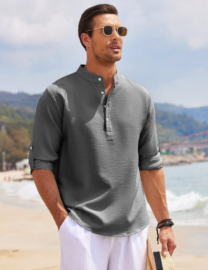 Camisa Hombre Algodón Fresca Cuello Mao Casual - Vestiria