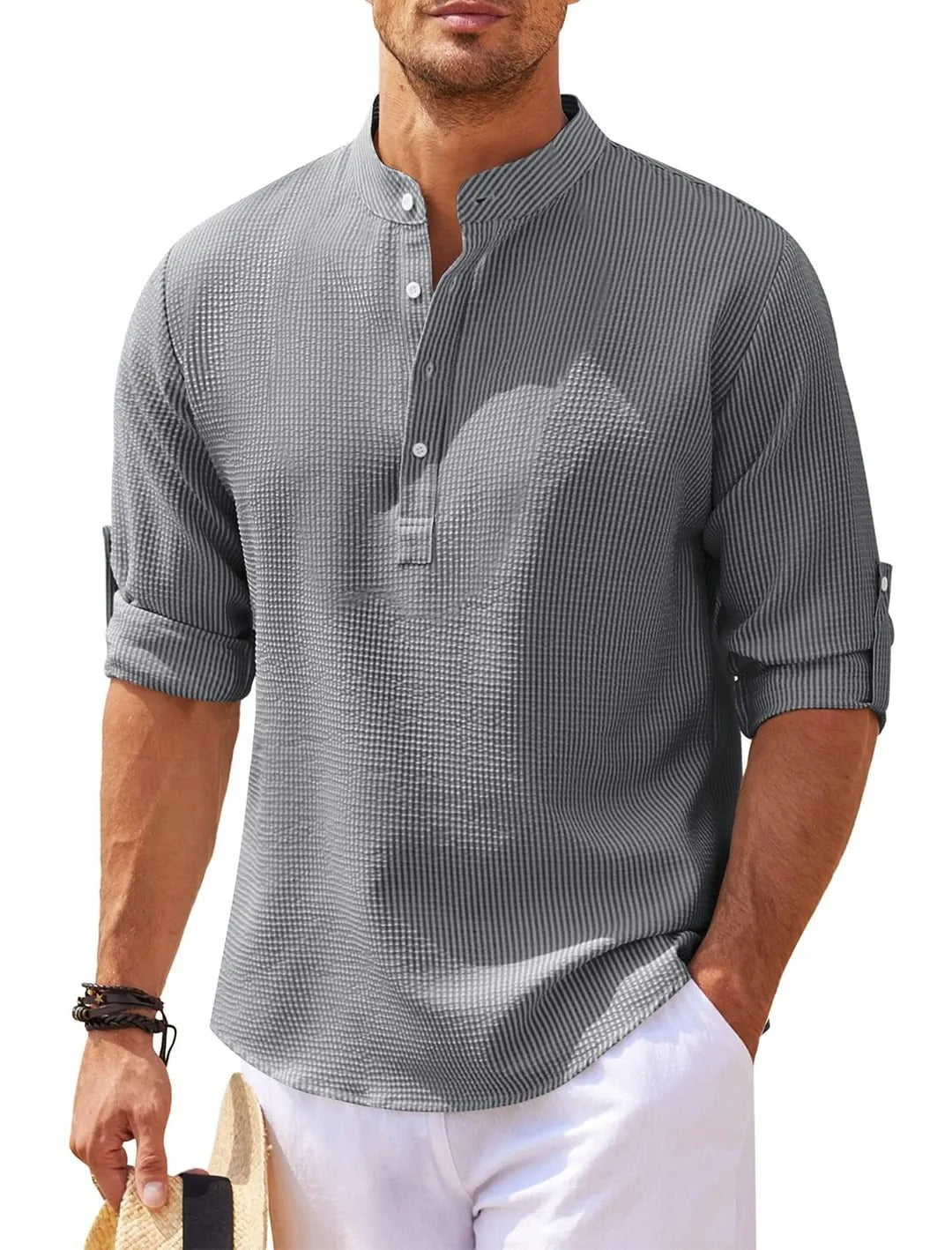 Camisa Hombre Algodón Fresca Cuello Mao Casual