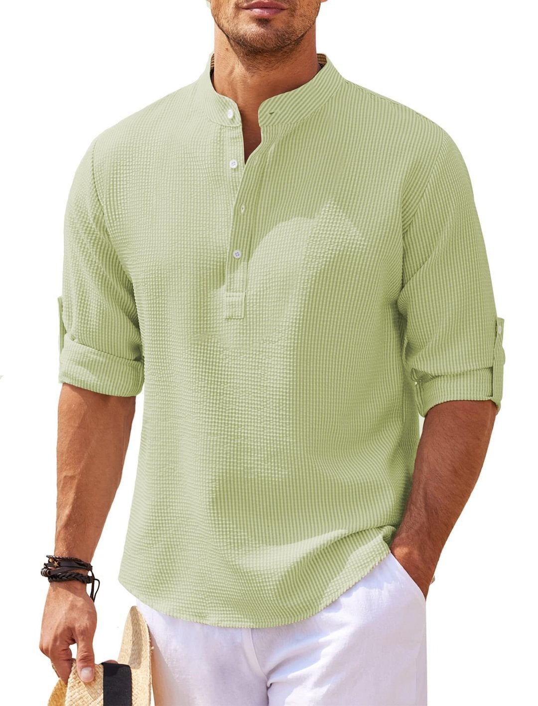Camisa Hombre Algodón Fresca Cuello Mao Casual
