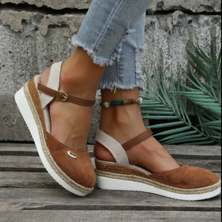 Sandalias Cuña Mujer Lona con Correa Ajustable de Esparto