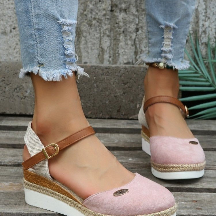 Sandalias Cuña Mujer Lona con Correa Ajustable de Esparto