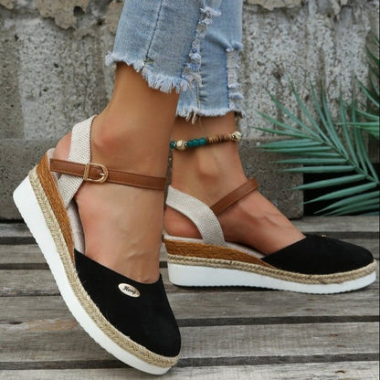 Sandalias Cuña Mujer Lona con Correa Ajustable de Esparto