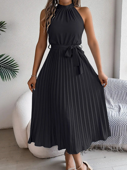 Vestido Midi Sin Mangas Plisado Elegante