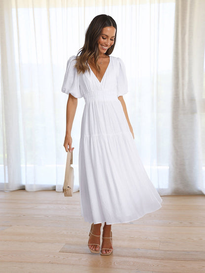 Vestido Mujer Cuello V y Mangas Rizadas