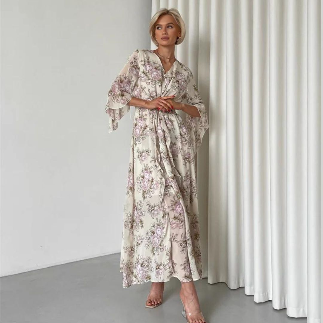 Vestido Floral Midi Elegante Escote V - Vestiria