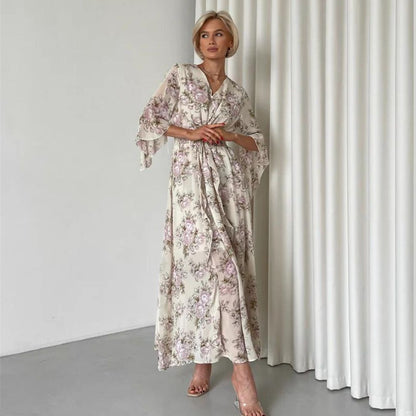 Vestido Floral Midi Elegante Escote V - Vestiria